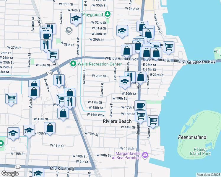 map of restaurants, bars, coffee shops, grocery stores, and more near 2101 Avenue F in West Palm Beach