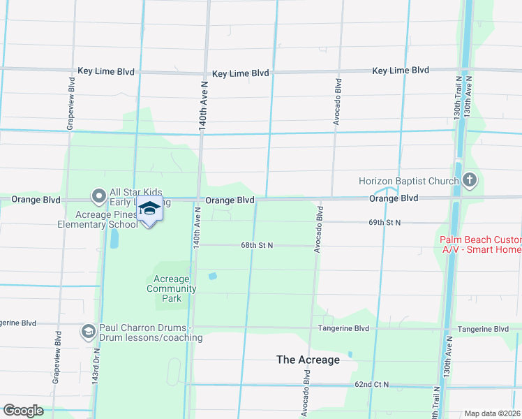 map of restaurants, bars, coffee shops, grocery stores, and more near 13742 Orange Boulevard in West Palm Beach