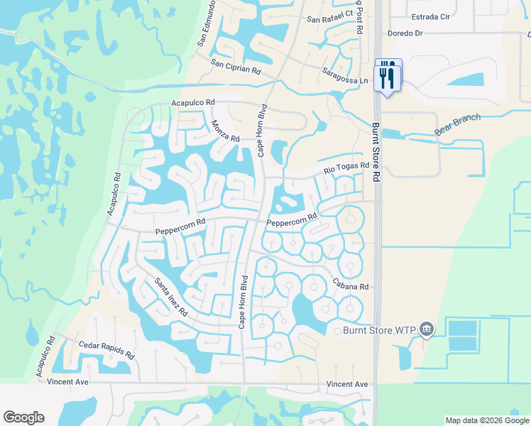 map of restaurants, bars, coffee shops, grocery stores, and more near 24292 Peppercorn Road in Punta Gorda