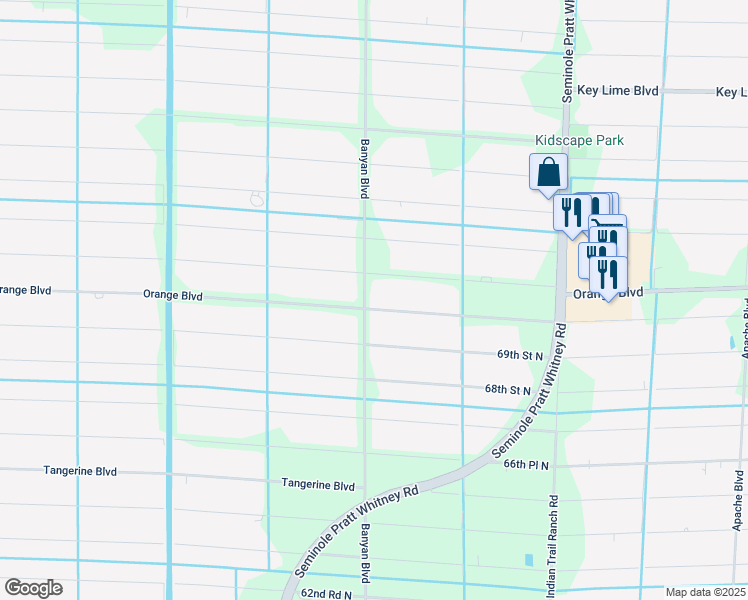 map of restaurants, bars, coffee shops, grocery stores, and more near 16477 Orange Boulevard in Loxahatchee