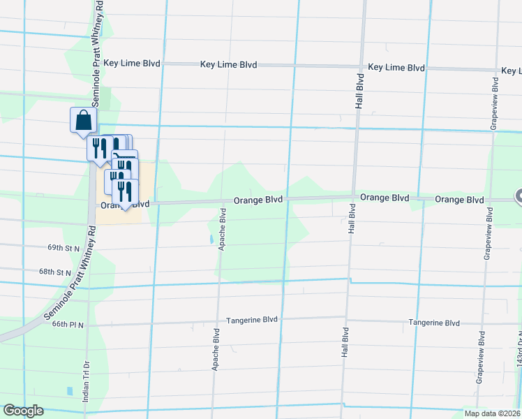 map of restaurants, bars, coffee shops, grocery stores, and more near 15364 Orange Boulevard in Loxahatchee