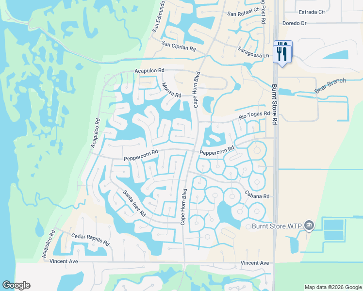 map of restaurants, bars, coffee shops, grocery stores, and more near 24244 Peppercorn Road in Punta Gorda