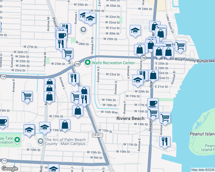 map of restaurants, bars, coffee shops, grocery stores, and more near 320 West 21st Street in West Palm Beach