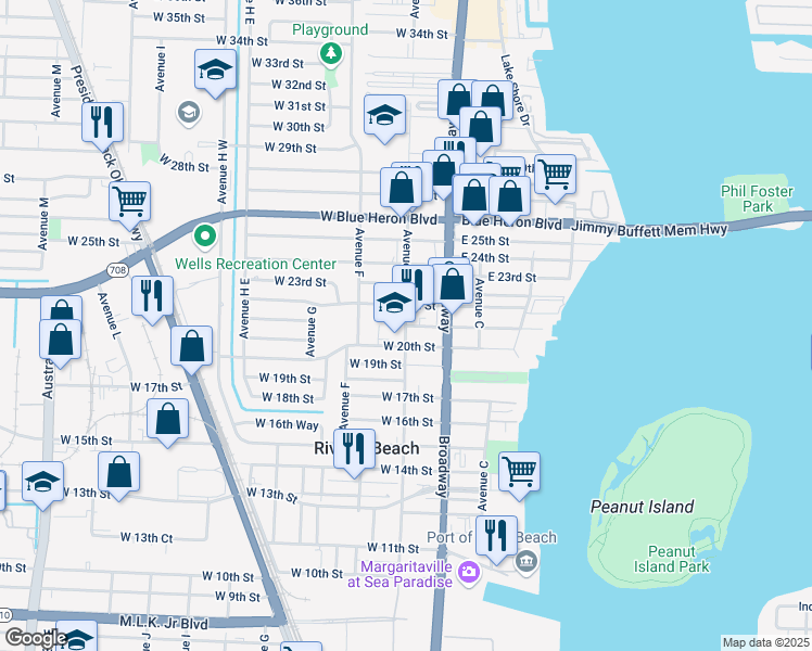 map of restaurants, bars, coffee shops, grocery stores, and more near 101 West 21st Street in Riviera Beach