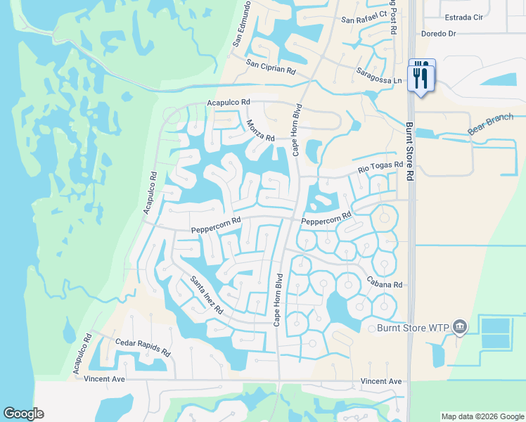 map of restaurants, bars, coffee shops, grocery stores, and more near 24244 Peppercorn Road in Punta Gorda