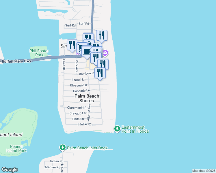 map of restaurants, bars, coffee shops, grocery stores, and more near 145 South Ocean Avenue in Palm Beach Shores