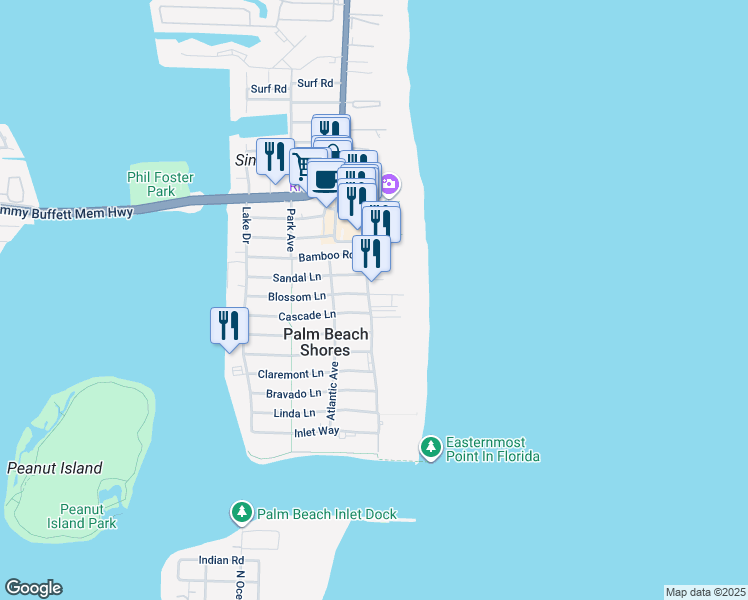 map of restaurants, bars, coffee shops, grocery stores, and more near 111 Cascade Lane in West Palm Beach
