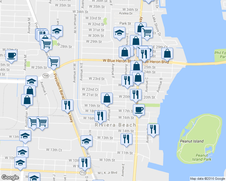 map of restaurants, bars, coffee shops, grocery stores, and more near 101-199 West 21st Street in Riviera Beach