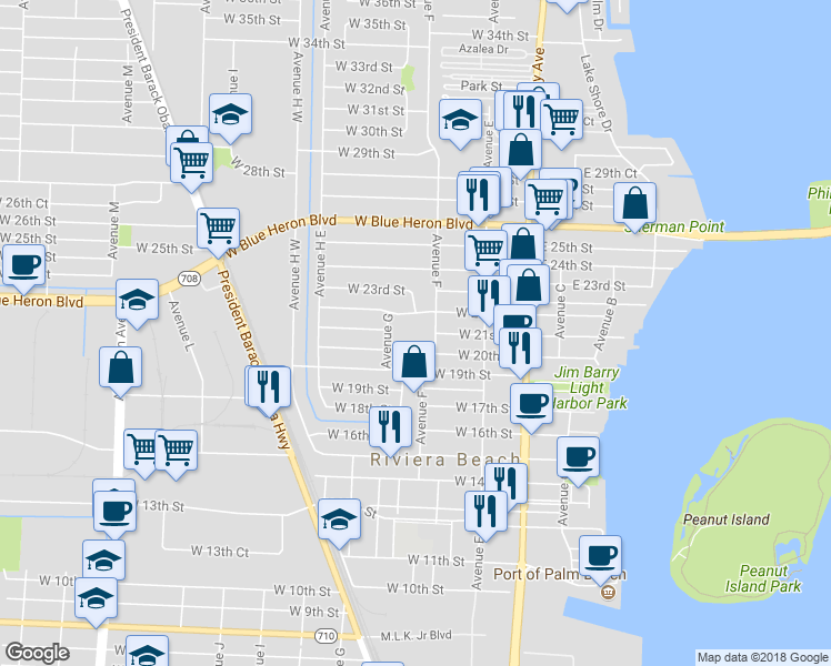 map of restaurants, bars, coffee shops, grocery stores, and more near 2101 Avenue F in Riviera Beach