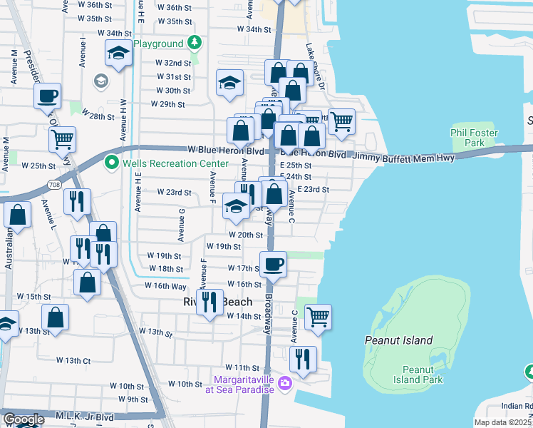 map of restaurants, bars, coffee shops, grocery stores, and more near 809 West 21st Street in Riviera Beach