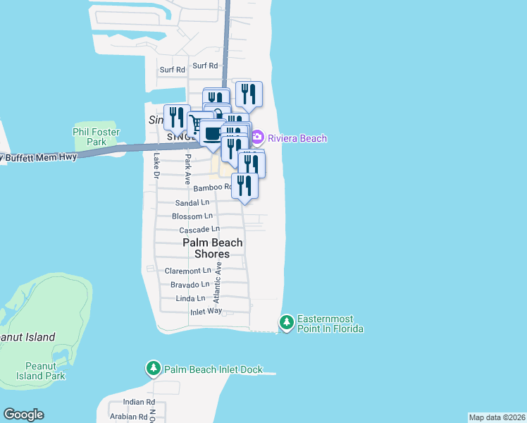 map of restaurants, bars, coffee shops, grocery stores, and more near 145 South Ocean Avenue in Palm Beach Shores