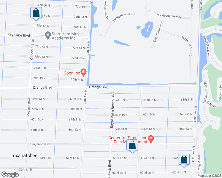 map of restaurants, bars, coffee shops, grocery stores, and more near Royal Palm Beach Blvd & Orange Blvd in West Palm Beach