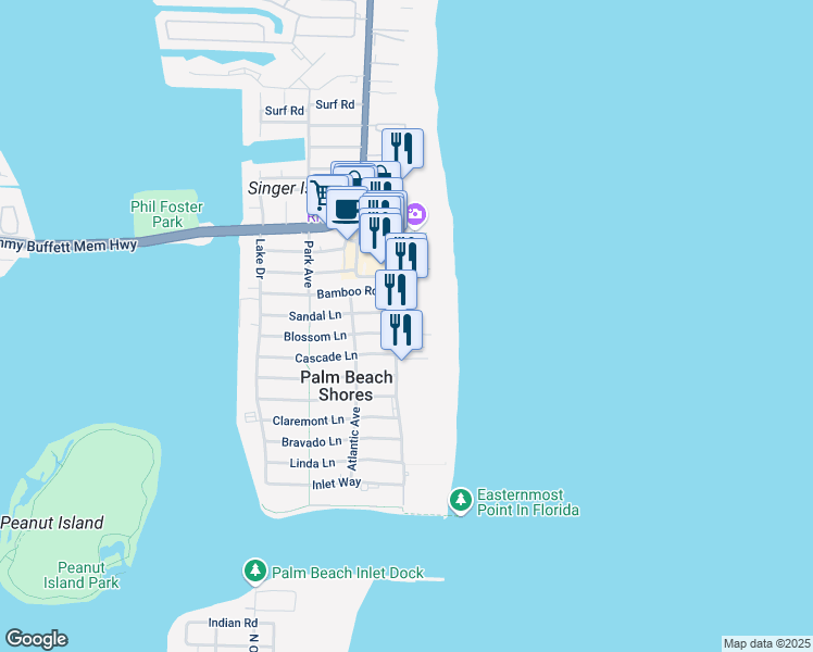 map of restaurants, bars, coffee shops, grocery stores, and more near 145 South Ocean Avenue in Palm Beach Shores