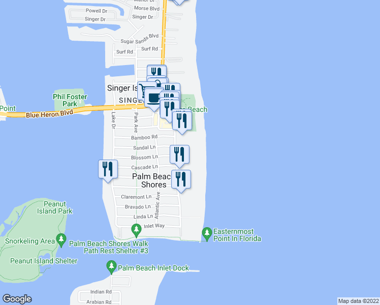 map of restaurants, bars, coffee shops, grocery stores, and more near 155 South Ocean Avenue in Palm Beach Shores