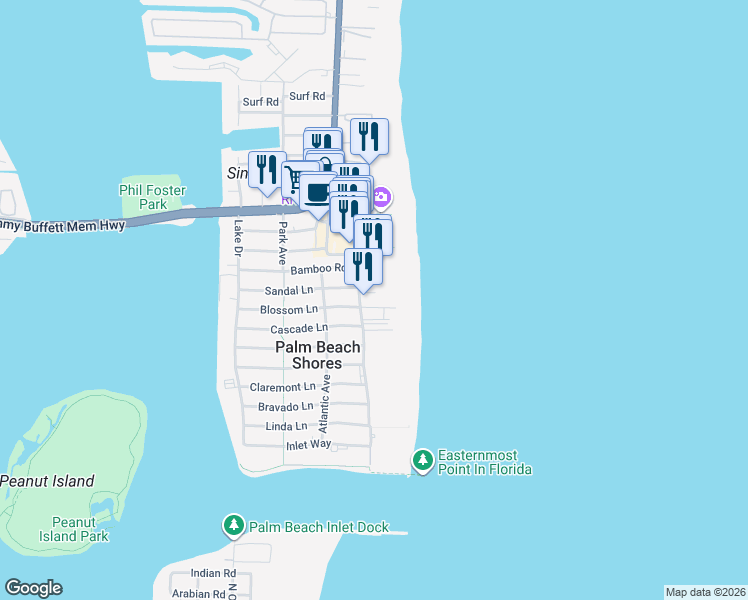map of restaurants, bars, coffee shops, grocery stores, and more near 155 South Ocean Avenue in West Palm Beach