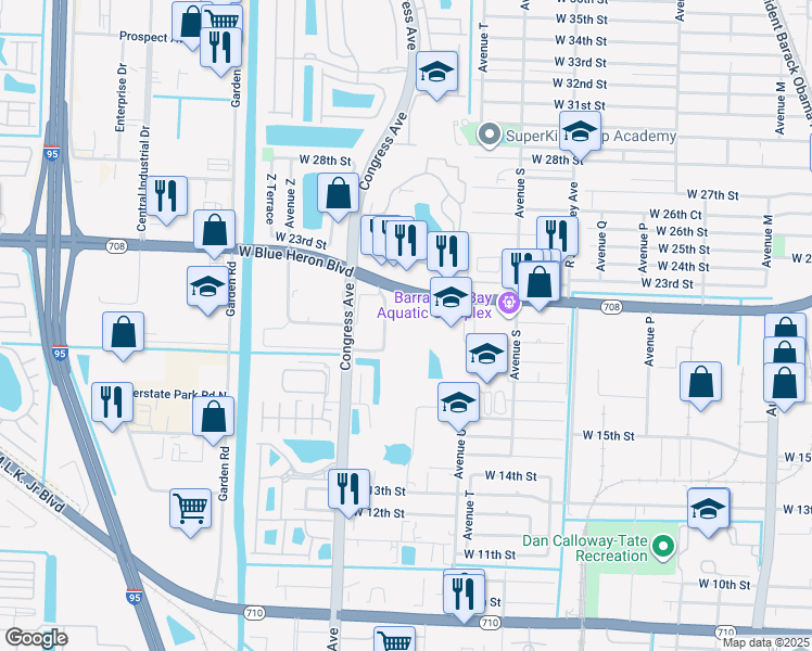 map of restaurants, bars, coffee shops, grocery stores, and more near 2281 West Blue Heron Boulevard in Riviera Beach