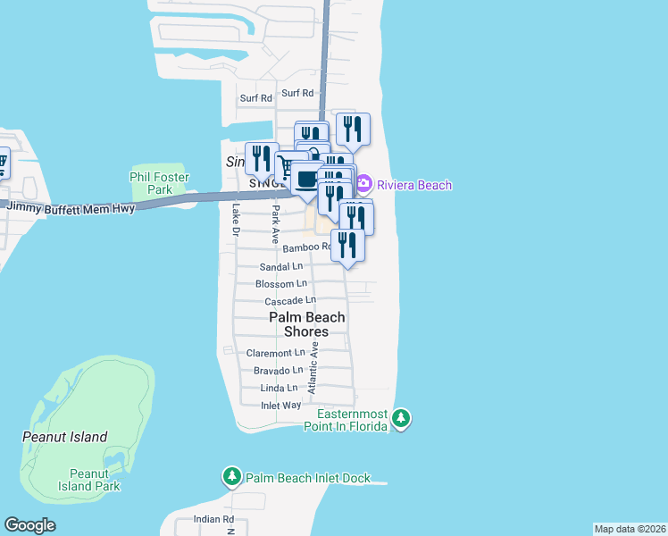 map of restaurants, bars, coffee shops, grocery stores, and more near 101 Sandal Lane in West Palm Beach