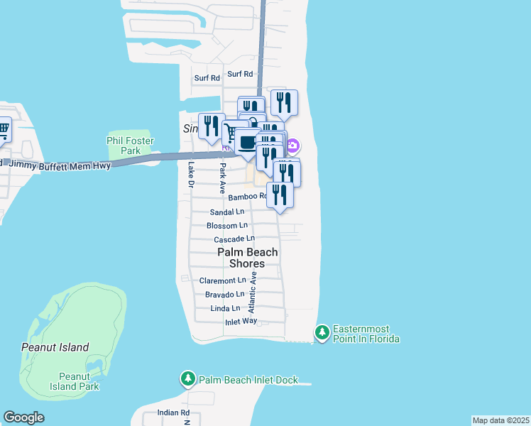 map of restaurants, bars, coffee shops, grocery stores, and more near 101 Sandal Lane in West Palm Beach