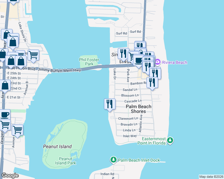 map of restaurants, bars, coffee shops, grocery stores, and more near 184 Lake Drive in Palm Beach Shores