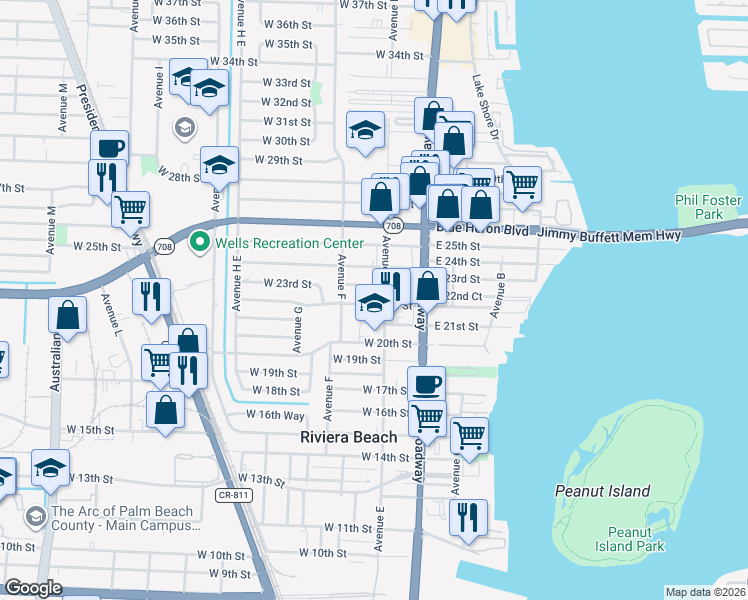 map of restaurants, bars, coffee shops, grocery stores, and more near 2235 Avenue East in West Palm Beach