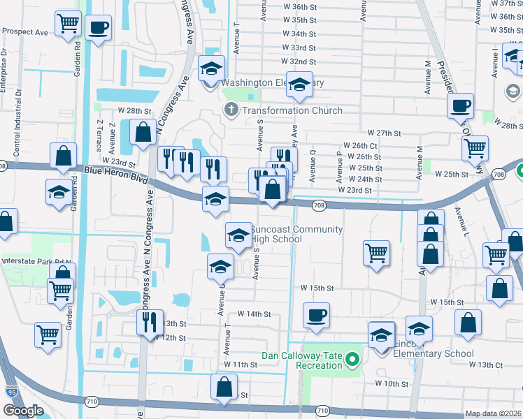 map of restaurants, bars, coffee shops, grocery stores, and more near in Riviera Beach
