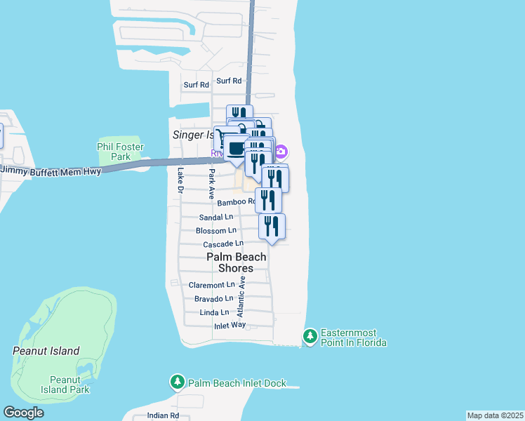 map of restaurants, bars, coffee shops, grocery stores, and more near 101 Sandal Lane in West Palm Beach