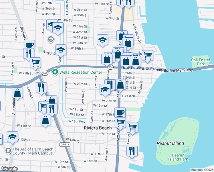 map of restaurants, bars, coffee shops, grocery stores, and more near 2235 Avenue East in West Palm Beach