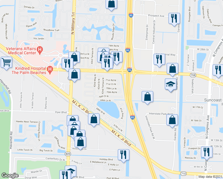 map of restaurants, bars, coffee shops, grocery stores, and more near 4144 70th Lane North in Riviera Beach