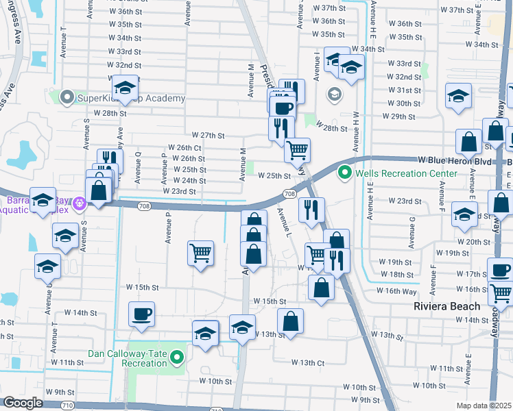 map of restaurants, bars, coffee shops, grocery stores, and more near 900 West Blue Heron Boulevard in Riviera Beach