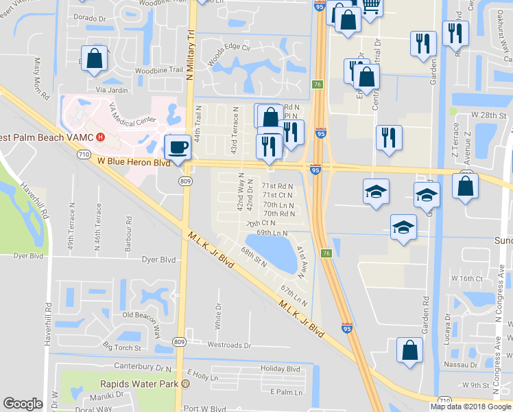map of restaurants, bars, coffee shops, grocery stores, and more near 7109 42nd Terrace North in Riviera Beach