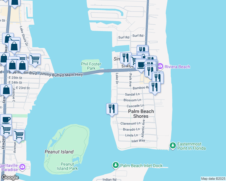 map of restaurants, bars, coffee shops, grocery stores, and more near 184 Lake Drive in Palm Beach Shores
