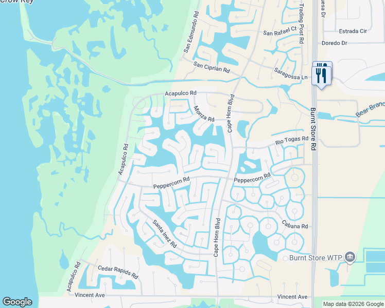 map of restaurants, bars, coffee shops, grocery stores, and more near 17157 Sarong Lane in Punta Gorda