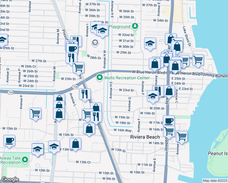 map of restaurants, bars, coffee shops, grocery stores, and more near 391 West 23rd Street in West Palm Beach