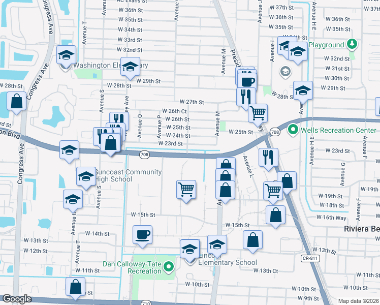 map of restaurants, bars, coffee shops, grocery stores, and more near in Riviera Beach