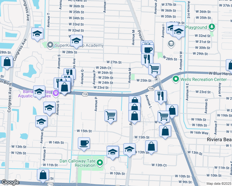 map of restaurants, bars, coffee shops, grocery stores, and more near in Riviera Beach