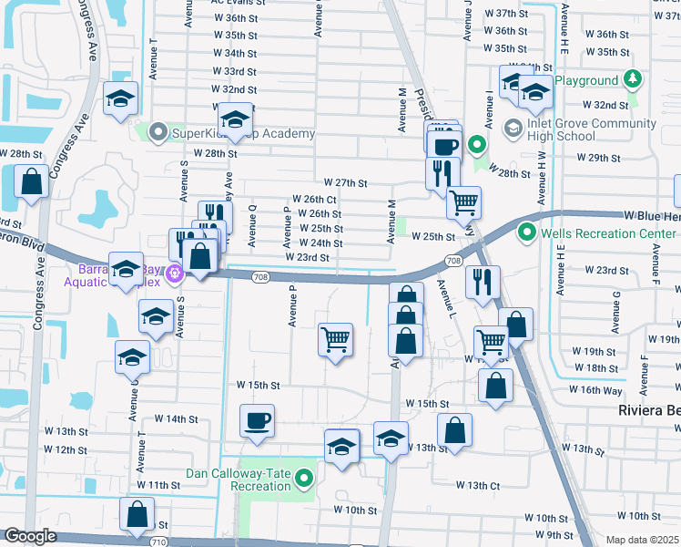 map of restaurants, bars, coffee shops, grocery stores, and more near in Riviera Beach