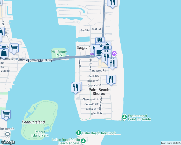map of restaurants, bars, coffee shops, grocery stores, and more near 247 Edwards Lane in West Palm Beach