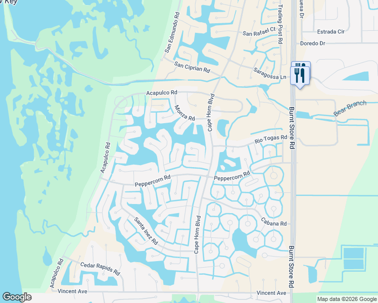 map of restaurants, bars, coffee shops, grocery stores, and more near 17149 Mint Lane in Punta Gorda