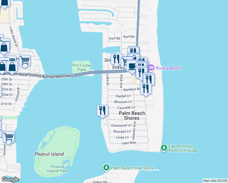 map of restaurants, bars, coffee shops, grocery stores, and more near 324 Bamboo Road in West Palm Beach