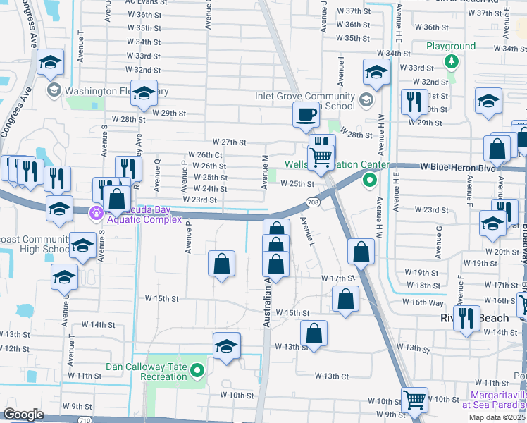map of restaurants, bars, coffee shops, grocery stores, and more near 1100 West Blue Heron Boulevard in West Palm Beach