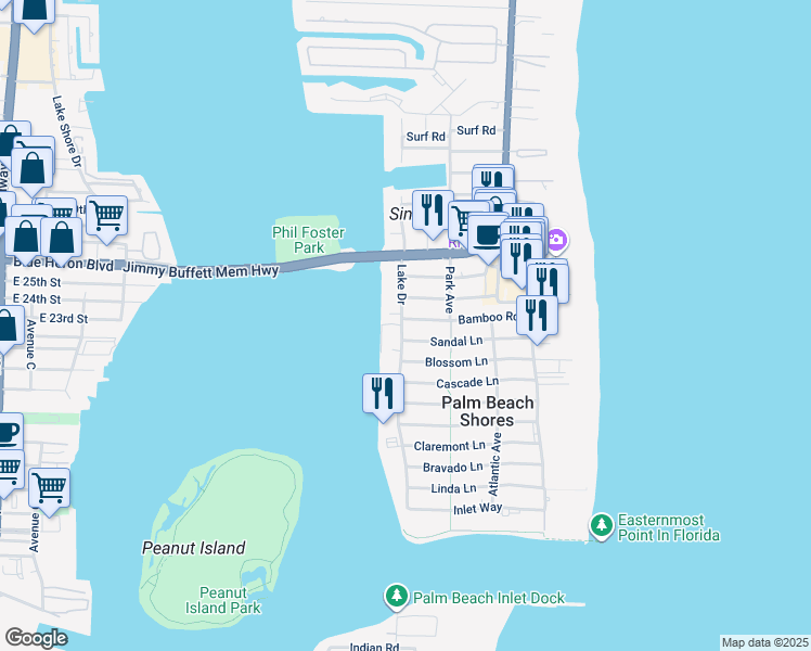 map of restaurants, bars, coffee shops, grocery stores, and more near 333 Sandal Lane in West Palm Beach