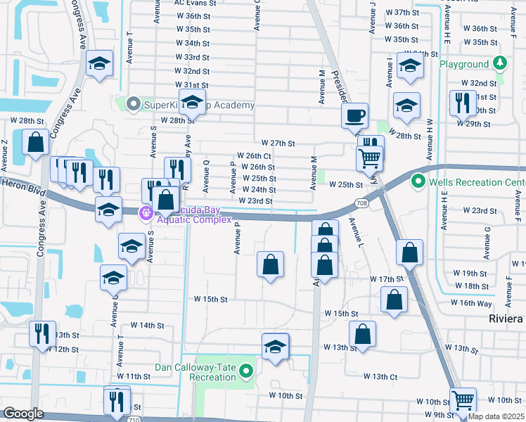 map of restaurants, bars, coffee shops, grocery stores, and more near 1271 West Blue Heron Boulevard in Riviera Beach
