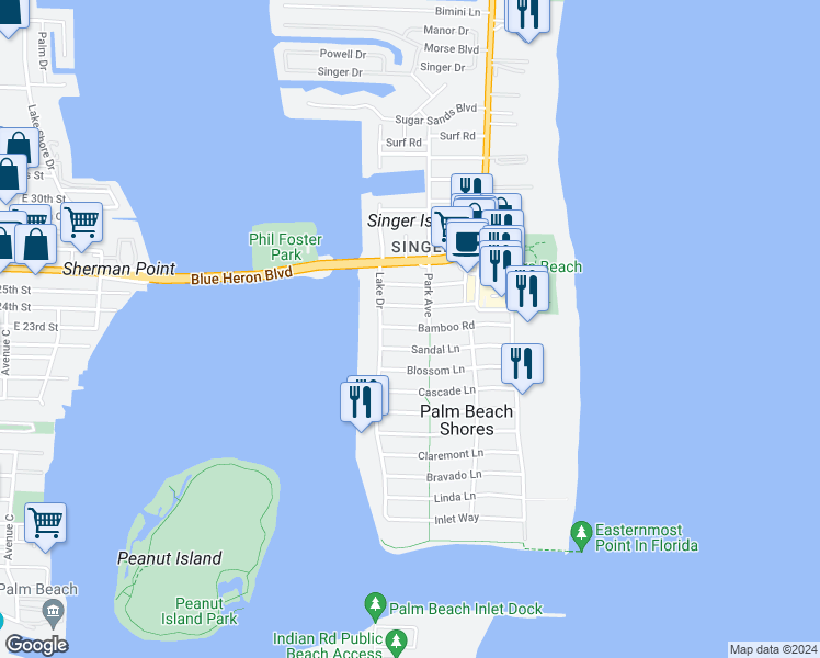 map of restaurants, bars, coffee shops, grocery stores, and more near in Palm Beach Shores