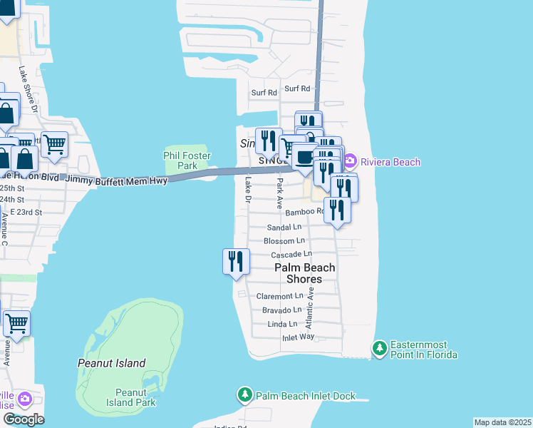 map of restaurants, bars, coffee shops, grocery stores, and more near in Palm Beach Shores
