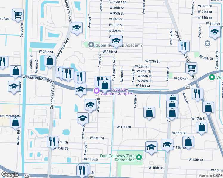 map of restaurants, bars, coffee shops, grocery stores, and more near 1500 West Blue Heron Boulevard in Riviera Beach