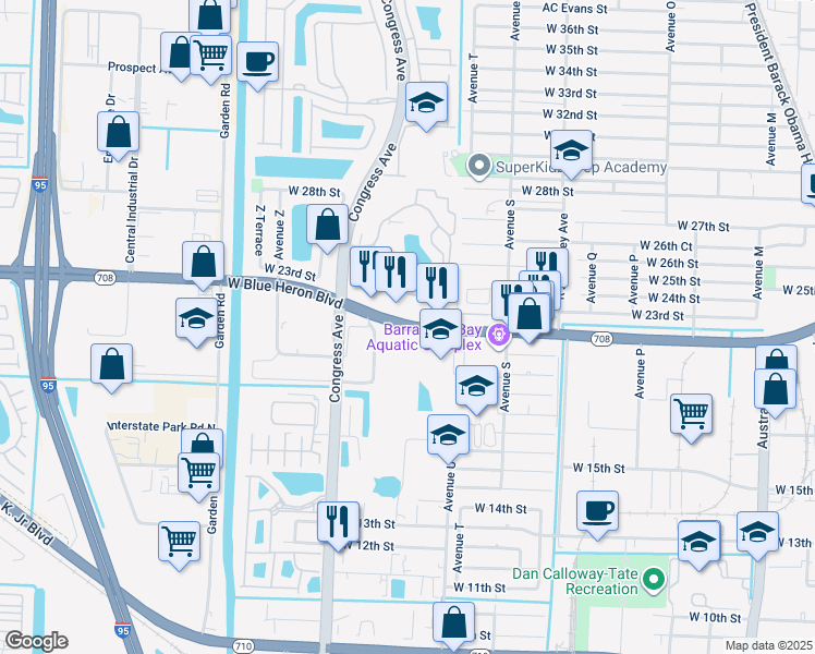map of restaurants, bars, coffee shops, grocery stores, and more near 2281 West Blue Heron Boulevard in Riviera Beach
