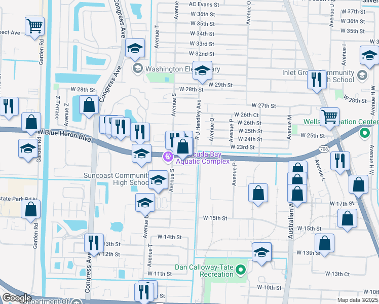 map of restaurants, bars, coffee shops, grocery stores, and more near 1520 West Blue Heron Boulevard in Riviera Beach