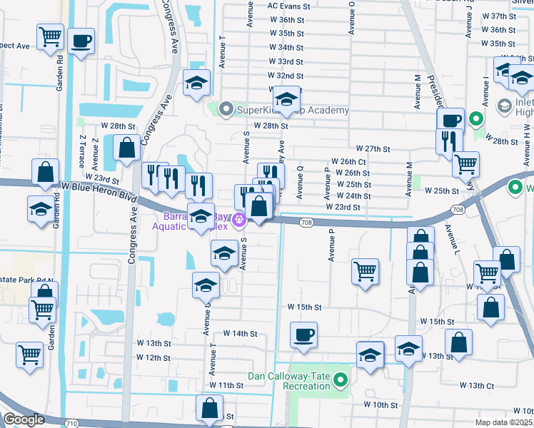 map of restaurants, bars, coffee shops, grocery stores, and more near 1530 West Blue Heron Boulevard in Riviera Beach
