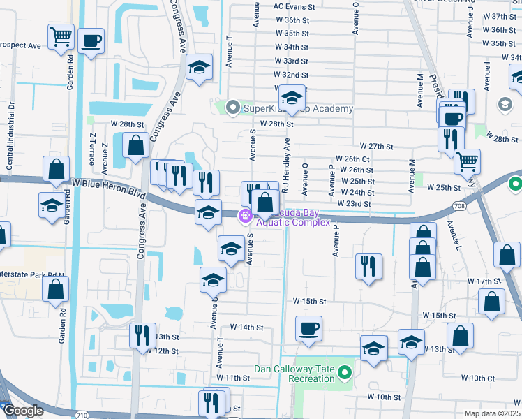 map of restaurants, bars, coffee shops, grocery stores, and more near 1564 West Blue Heron Boulevard in Riviera Beach