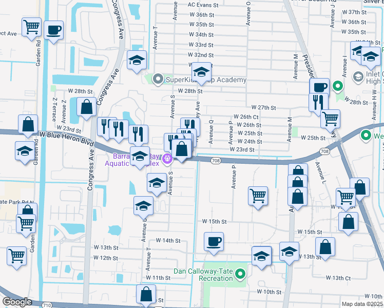 map of restaurants, bars, coffee shops, grocery stores, and more near 1500 West Blue Heron Boulevard in Riviera Beach